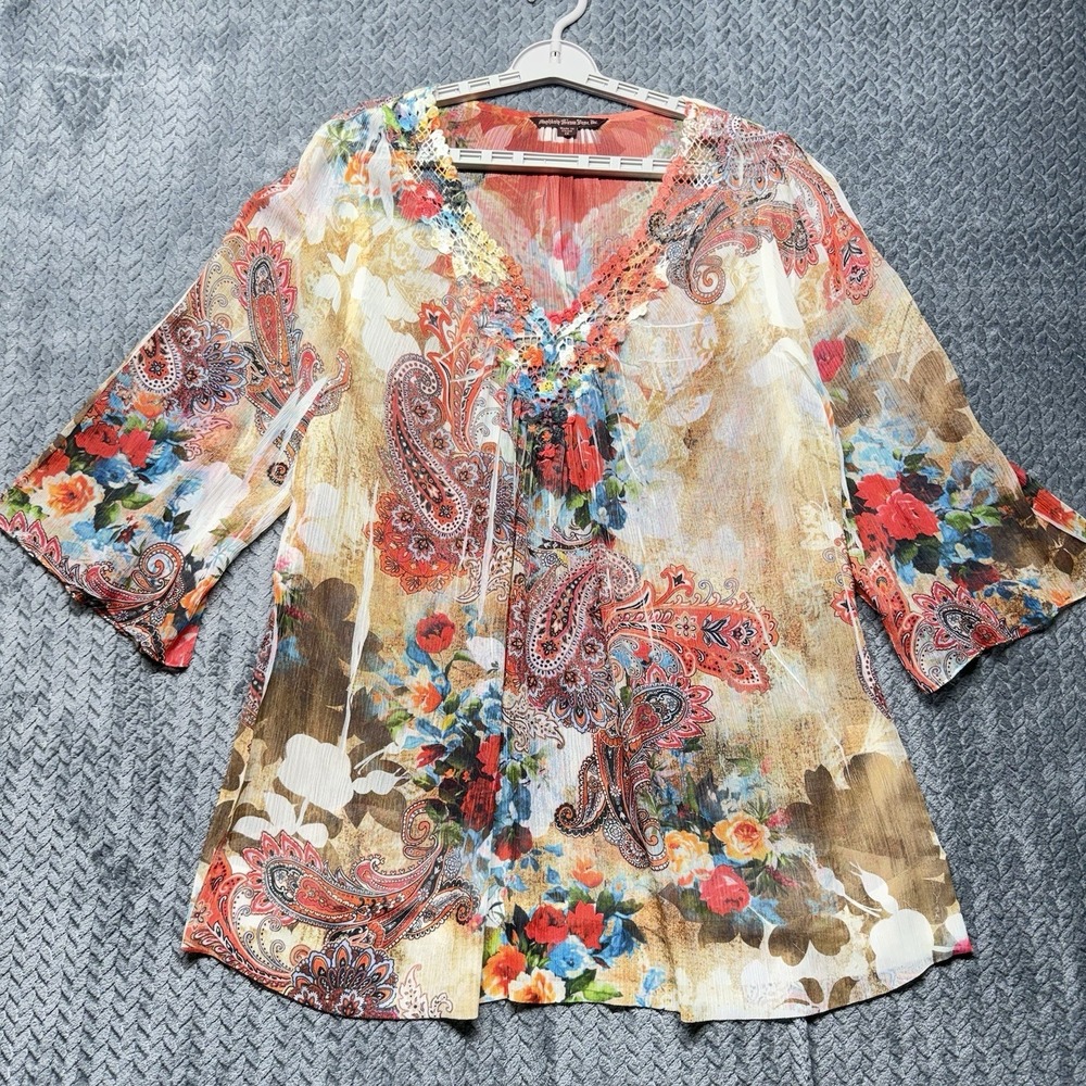 Mushka By Sienna Rose Women's Tunic Blouse 1X Sheer‎ Boho Paisley Floral Crochet